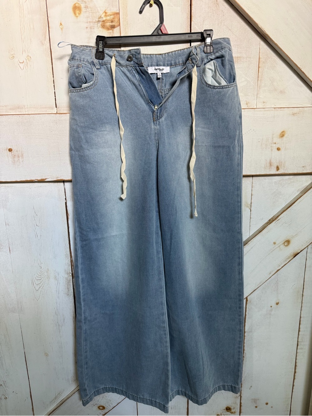 Jacqui E Light Blue Wide-Leg Jeans with Drawstring Waist